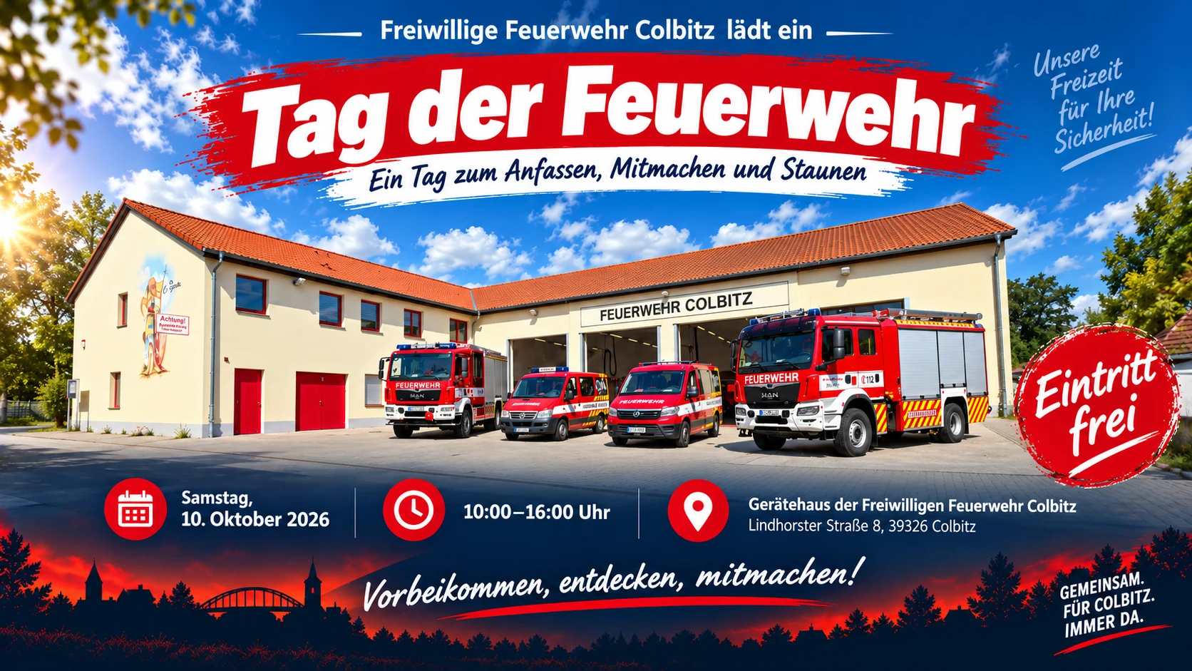 Plakat zum Tag der Feuerwehr: das Gerätehaus mit vier Einsatzfahrzeugen davor